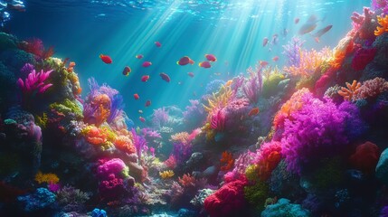 Underwater Paradise: A Vibrant Coral Reef Scene with Colorful Corals, Tropical Fish, and Sunlight Beaming Through Clear Ocean Water