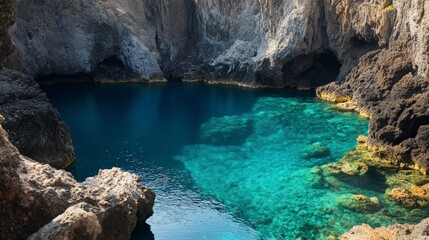 Vibrant Blue Waters of a Crater Lake Surrounded by Rocky Cliffs
