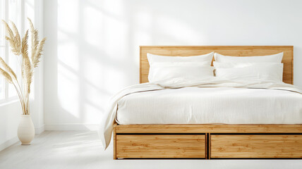bamboo eco-friendly furniture Concept. Stylish bamboo bed frame with storage drawers and soft bedding
