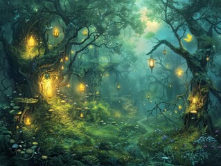A mystical forest path illuminated by glowing lanterns hanging from the branches of ancient trees.