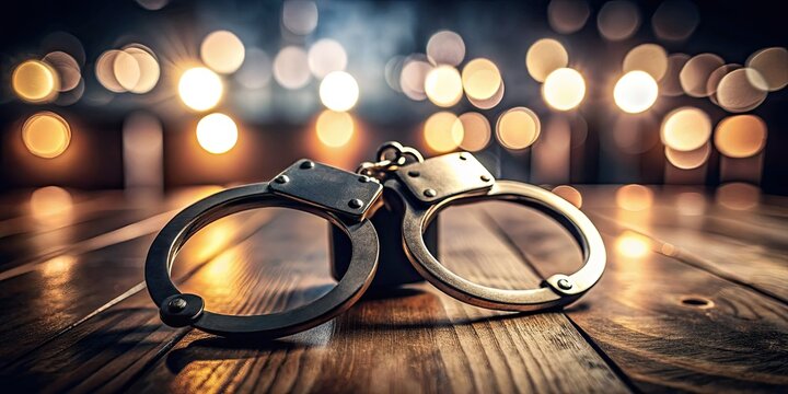 Steel cuffs gleam on a stark desk; crime scene photos blur in the background, evidence bagged nearby.