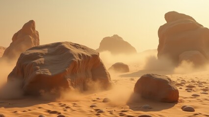 Vast Desert Landscape With Rocks and Sandstorm at Sunset

