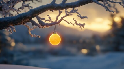 A glowing Christmas ornament hanging from a frosted tree branch in a snowy park
