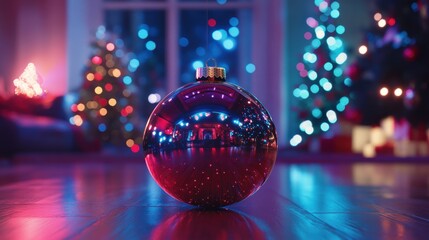 Fototapeta premium A glowing Christmas ornament reflecting the lights of a holiday-decorated room