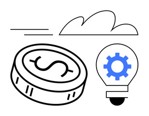 Dollar coin and lightbulb with gear symbol below a cloud outline. Ideal for finance, tech startups, innovation, cloud computing, entrepreneurship, investment, digital economy. Line metaphor