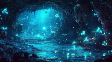 Beautiful underwater paradise with glowing sea creatures in a serene and delicate cave setting.