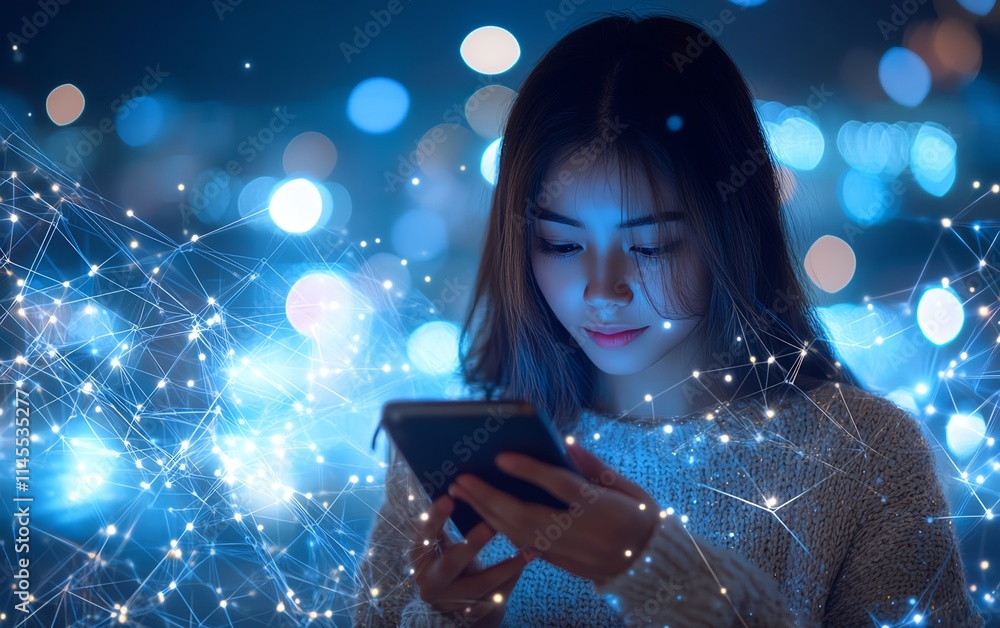 Aufkleber woman using mobile phone and digital tablet, surfing the internet, with a dynamic digital technology