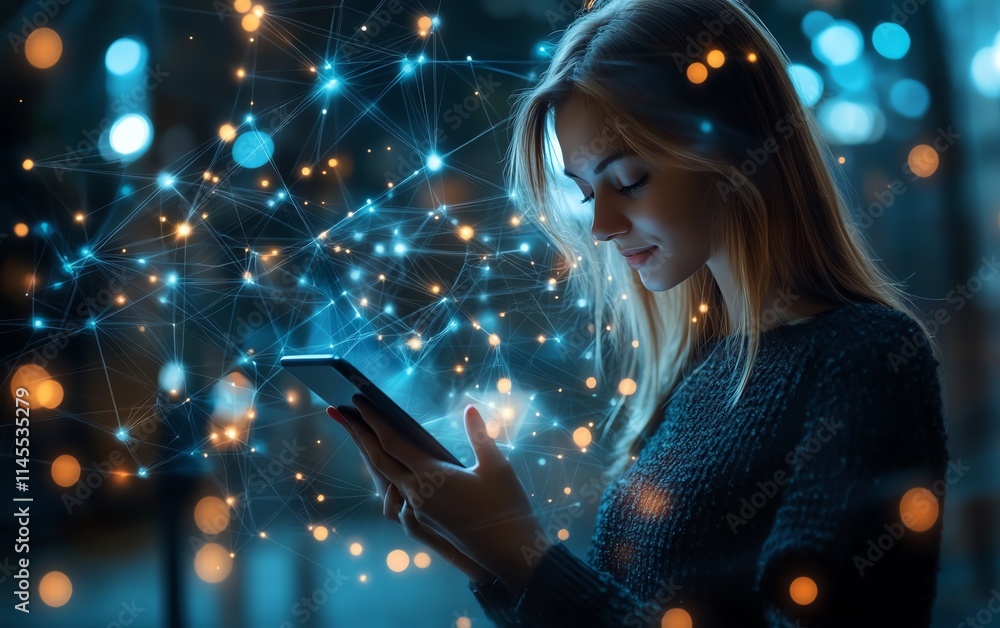 Aufkleber woman using mobile phone and digital tablet, surfing the internet, with a dynamic digital technology