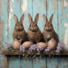 Obraz premium Three Easter Bunnies with Speckled Eggs on Rustic Wood