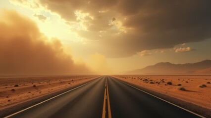 Empty Road Stretching Through a Desert Landscape Under a Dramatic Sky

