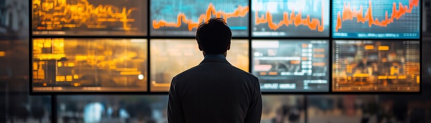 Fototapeta premium Businessman evaluating financial market performance on a digital screen, with business development charts and corporate finance planning