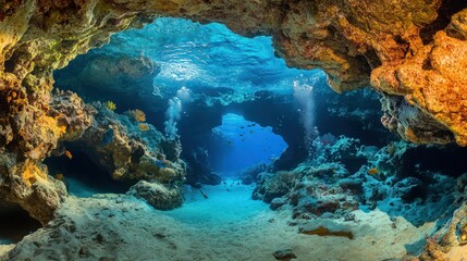 Obraz premium Beautiful underwater cave with vibrant sea life, creating a serene and peaceful underwater oasis.