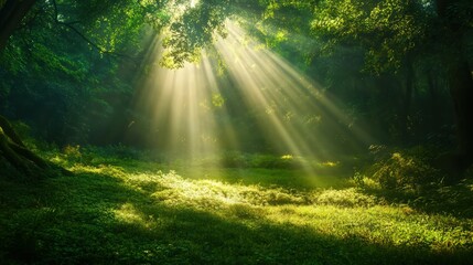 Obraz premium Beautiful rays of sunlight in a green forest