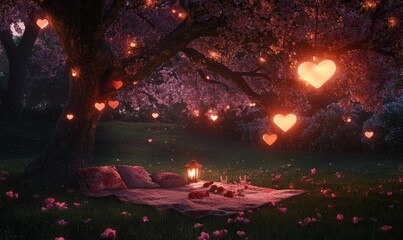 Romantic Evening Picnic Under Heart Lights