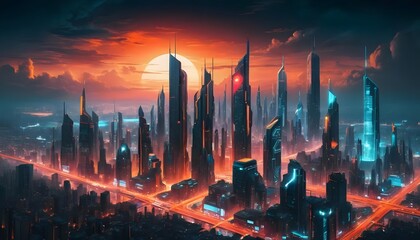 Futuristic cityscape at night with glowing neon lights and digital beams.