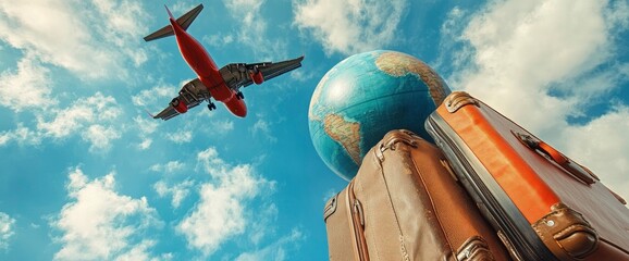Naklejka premium Airplane Flying Over Globe and Luggage Journey Around the World