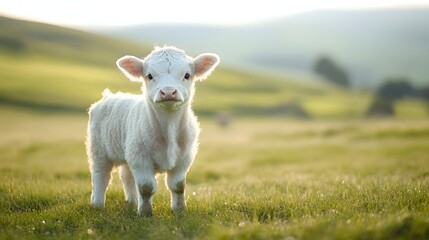 Fototapeta premium Adorable White Calf Stands In Sunny Green Pasture
