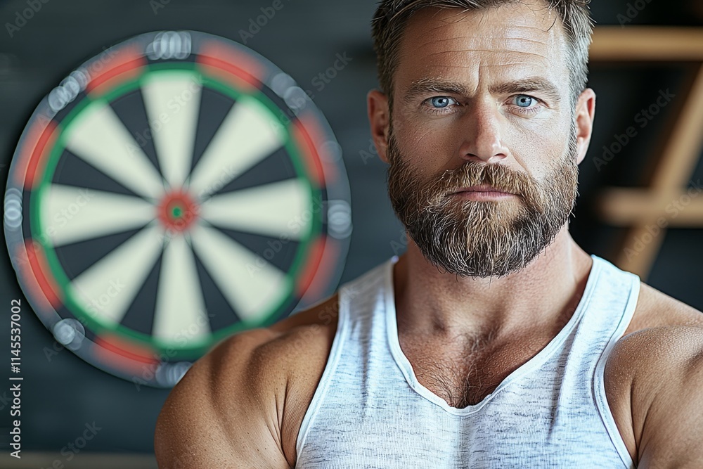 Poster man with a beard poses confidently in front of a dartboard at a casual setting during the late after