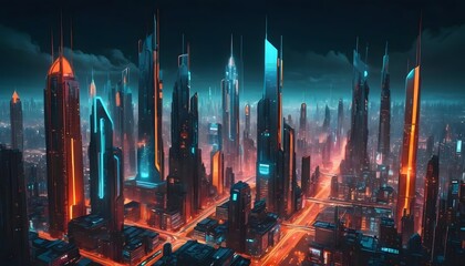 Futuristic cityscape at night with glowing neon lights and digital beams.