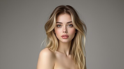 Fototapeta premium Beautiful woman on gray background. Beauty portrait. Natural beauty. Beautiful young woman with clean fresh skin. Face care, Facial treatment, cosmetology, beauty and spa.