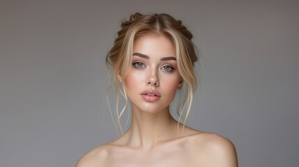 Fototapeta premium Beautiful blonde woman. Beauty, skincare, and cosmetics advertisements. Portrait of a sexy woman with glowing skin and natural makeup.
