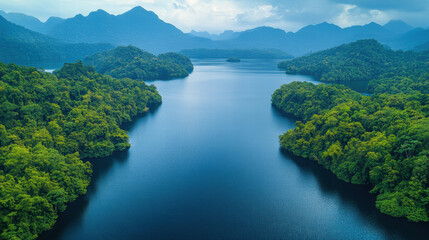 Obraz premium serene aerial view of lush forest and tranquil lake