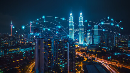 Smart digital city with connection cyber security network reciprocity over the cityscape . future smart wireless digital city and social media networking systems that connects people within the city