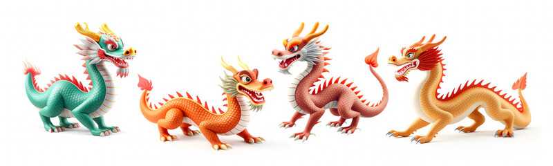 Four Vibrant Chinese Dragons Posing Against White Background: A Collection of Mythical Creatures