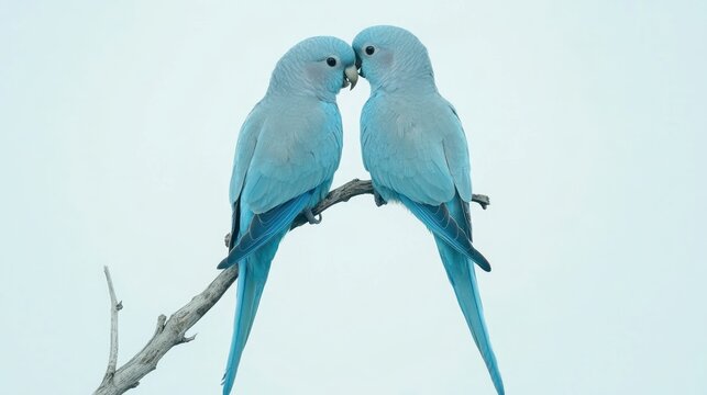 Two light blue parakeets facing each other on a branch.