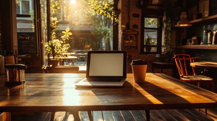 Laptop and Coffee at a Sunny Cafe