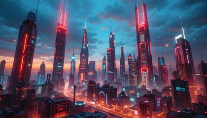 Futuristic cityscape at night with glowing neon lights and digital beams.