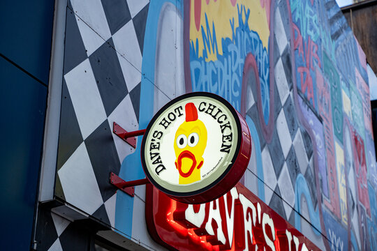 Dave's Hot Chicken restaurant logo sign in Downtown Toronto. Dave's Hot Chicken is an American fast casual restaurant chain. Toronto, Canada - December 15, 2024.