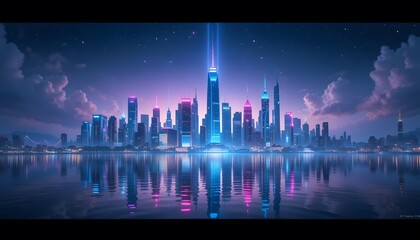 Futuristic cityscape at night with glowing neon lights and digital beams.