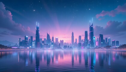 Futuristic cityscape at night with glowing neon lights and digital beams.