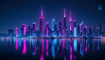 Futuristic cityscape at night with glowing neon lights and digital beams.