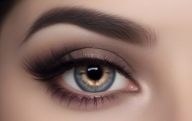 Obraz premium Eye makeup with eyeshadow and arrow. Beautiful macro shot of female eye make-up. Blue eye. Creative fashion make-up. Perfect shape make-up and long lashes. Cosmetics.