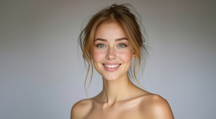 Obraz premium Man woman smiling. Young beauty girl laughing. Portrait Of Young Smiling Model. Closeup face of smiling model isolated on gray. Portrait of happy woman with blonde hair. Natural beauty.