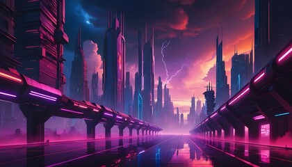Futuristic cityscape at night with glowing neon lights and digital beams.