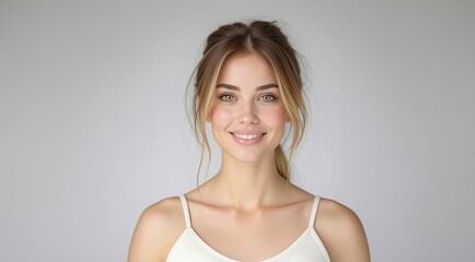 Fototapeta premium Man woman smiling. Young beauty girl laughing. Portrait Of Young Smiling Model. Perfect beauty girl face. Natural beauty. Beautiful young woman with clean fresh skin. Facial treatment.