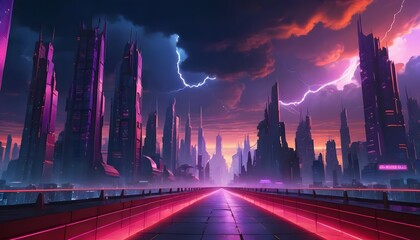 Futuristic cityscape at night with glowing neon lights and digital beams.