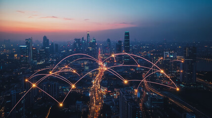 Smart digital city with connection cyber security network reciprocity over the cityscape . future smart wireless digital city and social media networking systems that connects people within the city
