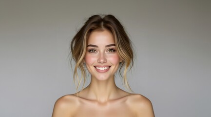 Obraz premium Man woman smiling. Young beauty girl laughing. Portrait Of Young Smiling Model. Perfect beauty girl face. Natural beauty. Beautiful young woman with clean fresh skin. Facial treatment.