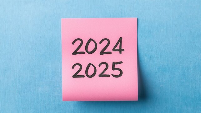 A pink sticky note on a blue background with the years "2024" and "2025" written in bold black letters.