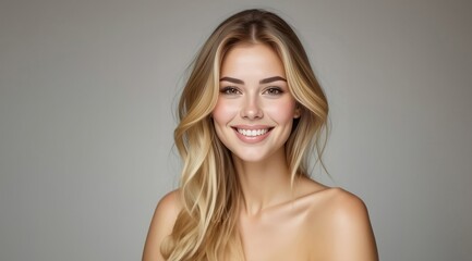 Obraz premium Man woman smiling. Young beauty girl laughing. Portrait Of Young Smiling Model. Perfect beauty girl face. Natural beauty. Beautiful young woman with clean fresh skin. Facial treatment.