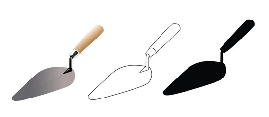 Three isometric cement trowels isolated on white background. Construction trowel vector icon, Spatula with wooden handle, This image is made by myself, not using AI
