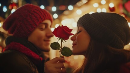Romantic Couple with Rose Surrounded by Festive Lights at Night