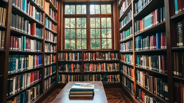 Serene library interior with bookshelves filled with books and a large window.
