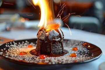 A chocolate souffle dessert flamb?ed with a torch, on a black plate with powdered sugar and a red garnish.