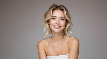 Fototapeta premium Beauty female face. Man woman smiling. Young beauty girl laughing. Portrait Of Young Smiling Model. Closeup face of smiling model. Portrait of young woman with blonde hair. Makeup, Cosmetics, Beauty.