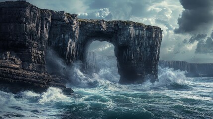 Dramatic Seascape with Cliffs and Turbulent Waves at Dusk